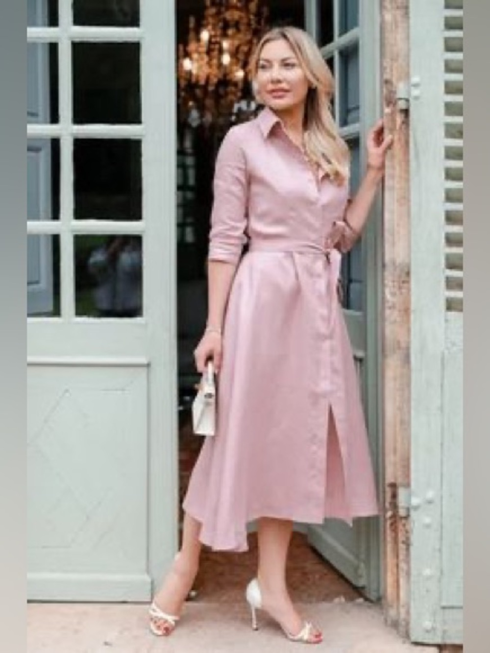 ANNA BEY Classic Shirtwaist Midi Dress in Blush Pink. 100% Linen. Small. - Picture 2 of 3